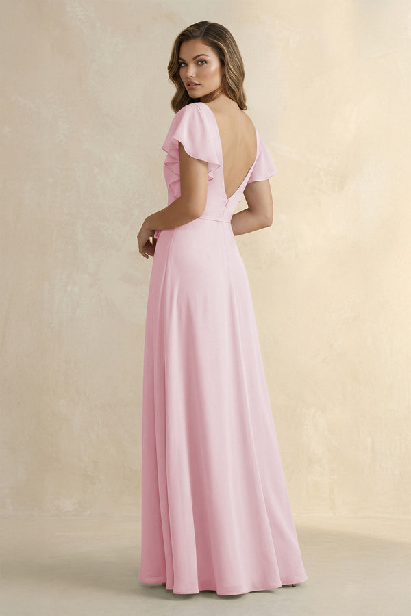 Ruffled V - Neck Chiffon A - Line Bridesmaid Dress in Candy Pink - SHE IS ME Bridesmaid Dresses