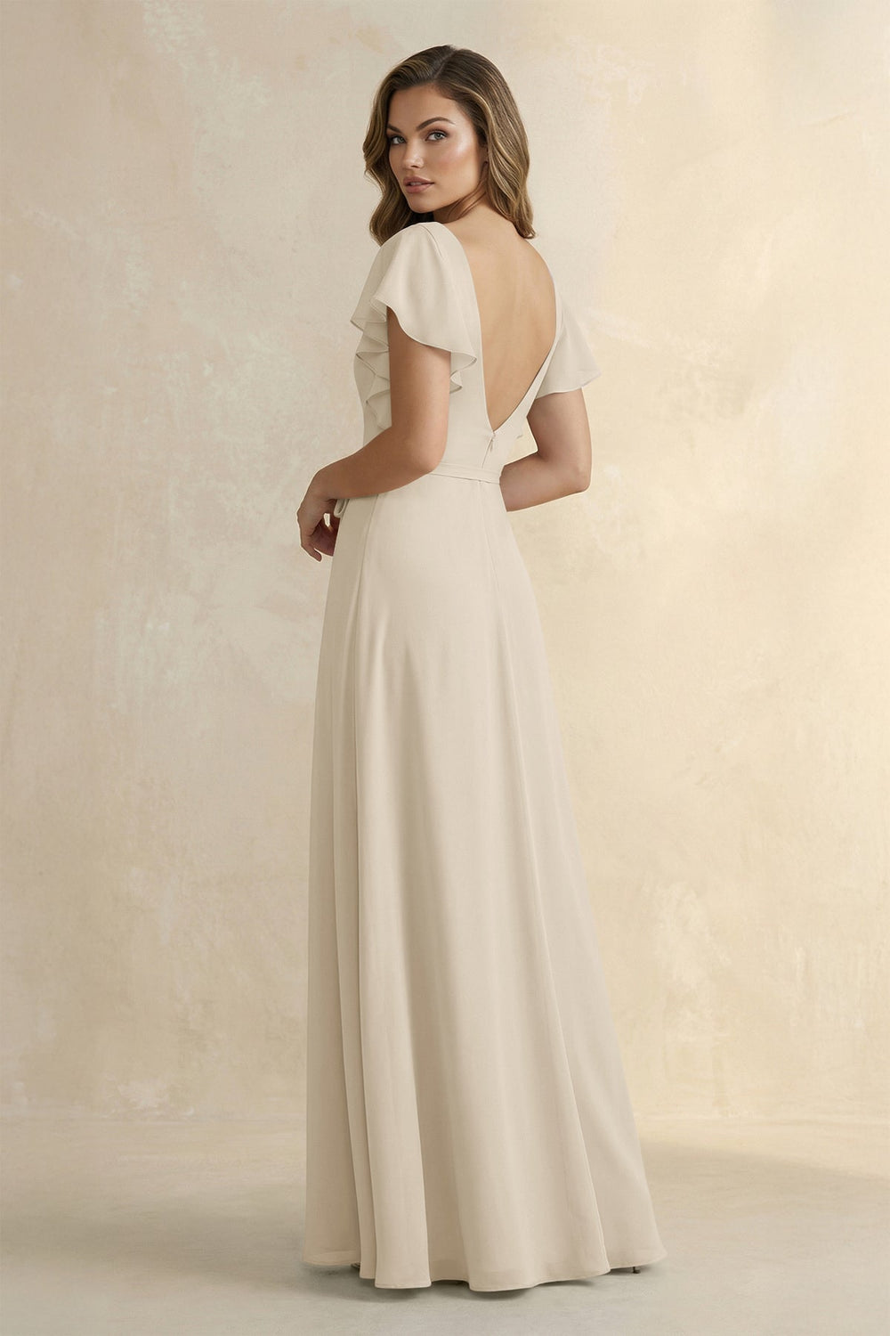 Ruffled V - Neck Chiffon A - Line Bridesmaid Dress in Champagne - KISS BRIDAL Bridesmaid Dresses