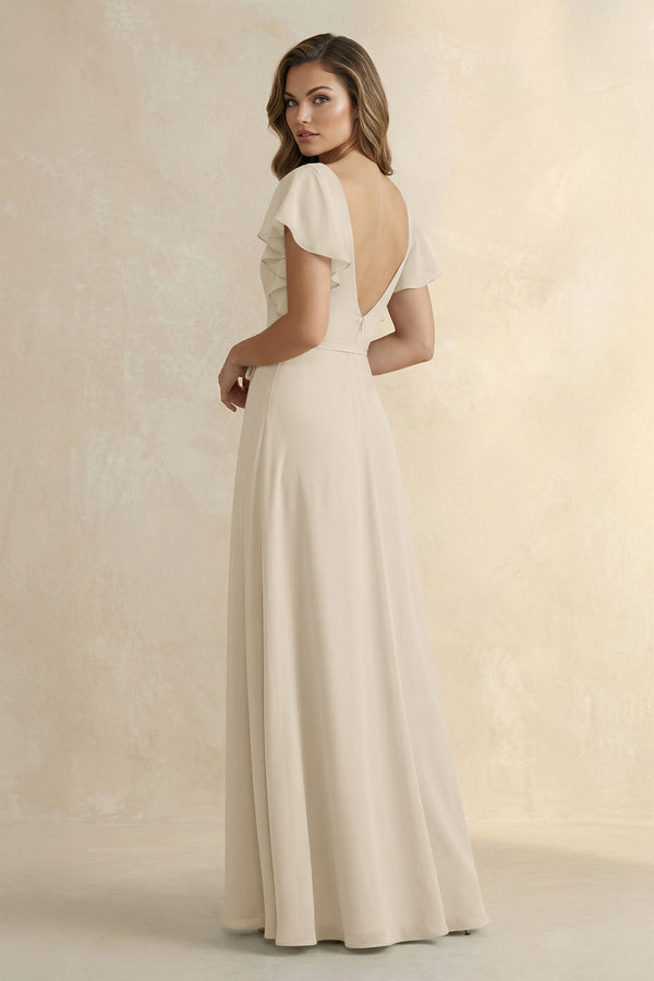 Ruffled V - Neck Chiffon A - Line Bridesmaid Dress in Champagne - SHE IS ME Bridesmaid Dresses