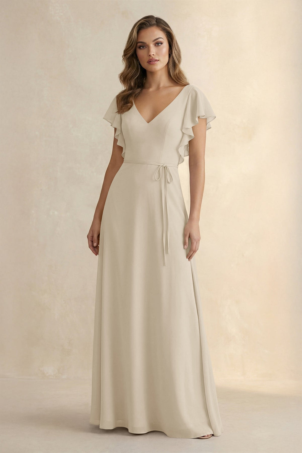 Ruffled V - Neck Chiffon A - Line Bridesmaid Dress in Champagne - KISS BRIDAL Bridesmaid Dresses