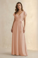 Ruffled V - Neck Chiffon A - Line Bridesmaid Dress in Champagne Rose - SHE IS ME Bridesmaid Dresses