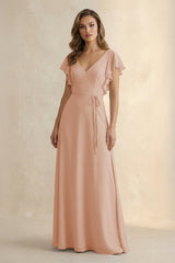 Ruffled V - Neck Chiffon A - Line Bridesmaid Dress in Champagne Rose - KISS BRIDAL Bridesmaid Dresses