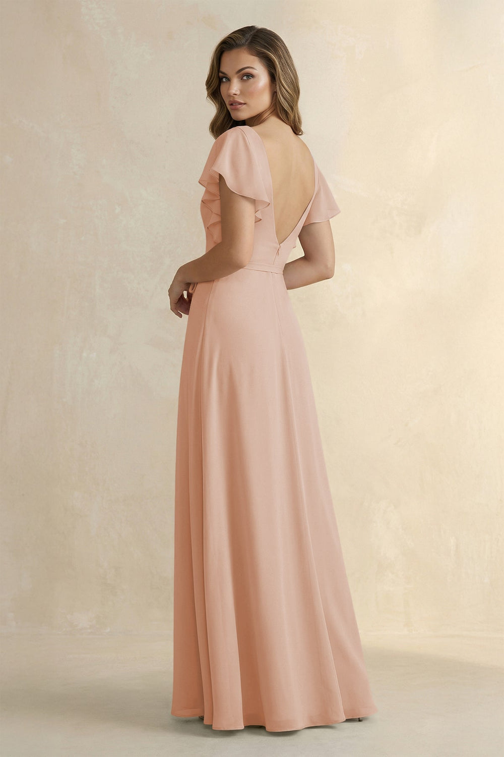Ruffled V - Neck Chiffon A - Line Bridesmaid Dress in Champagne Rose - KISS BRIDAL Bridesmaid Dresses