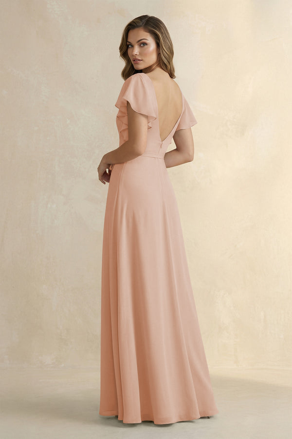 Ruffled V - Neck Chiffon A - Line Bridesmaid Dress in Champagne Rose - SHE IS ME Bridesmaid Dresses