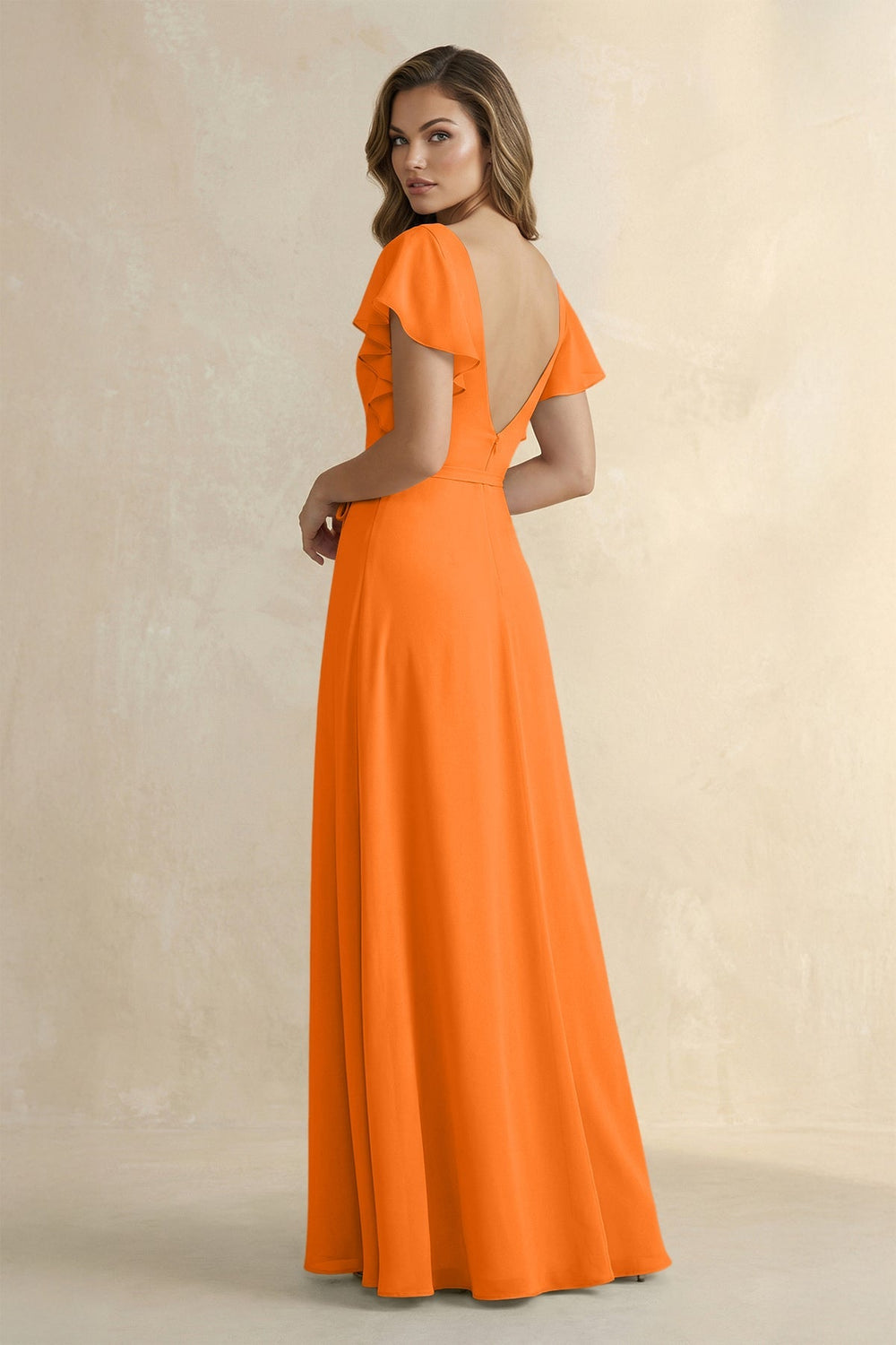 Ruffled V - Neck Chiffon A - Line Bridesmaid Dress in Cinnamon - KISS BRIDAL Bridesmaid Dresses