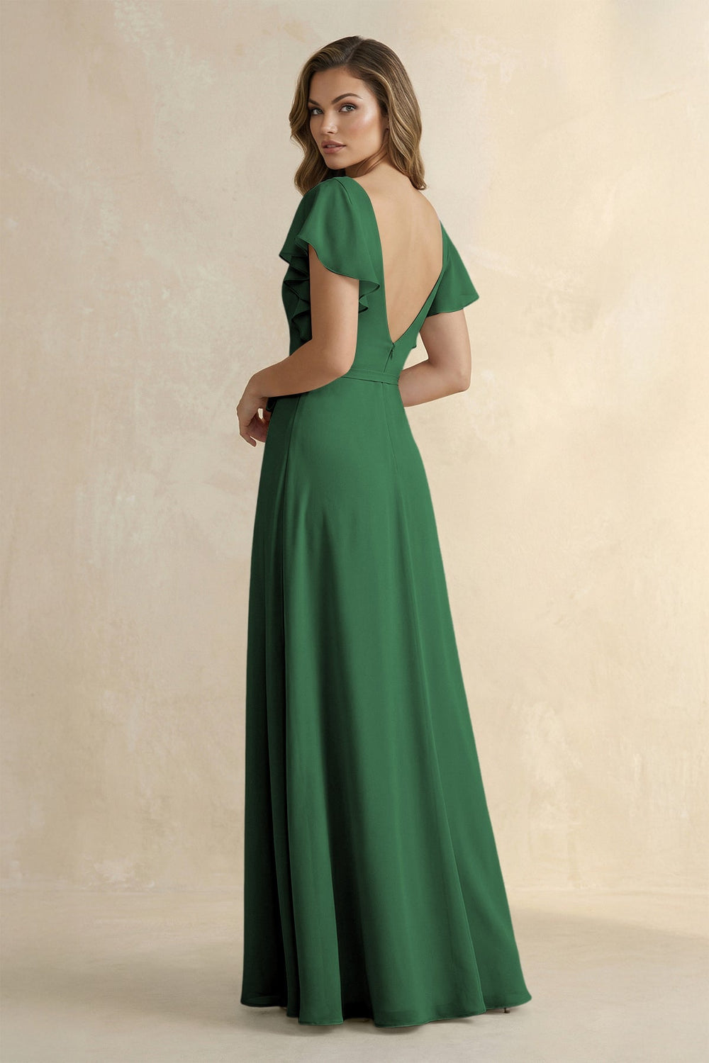 Ruffled V - Neck Chiffon A - Line Bridesmaid Dress in Dark Green - KISS BRIDAL Bridesmaid Dresses