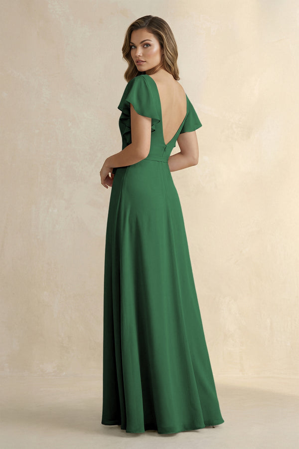 Ruffled V - Neck Chiffon A - Line Bridesmaid Dress in Dark Green - SHE IS ME Bridesmaid Dresses