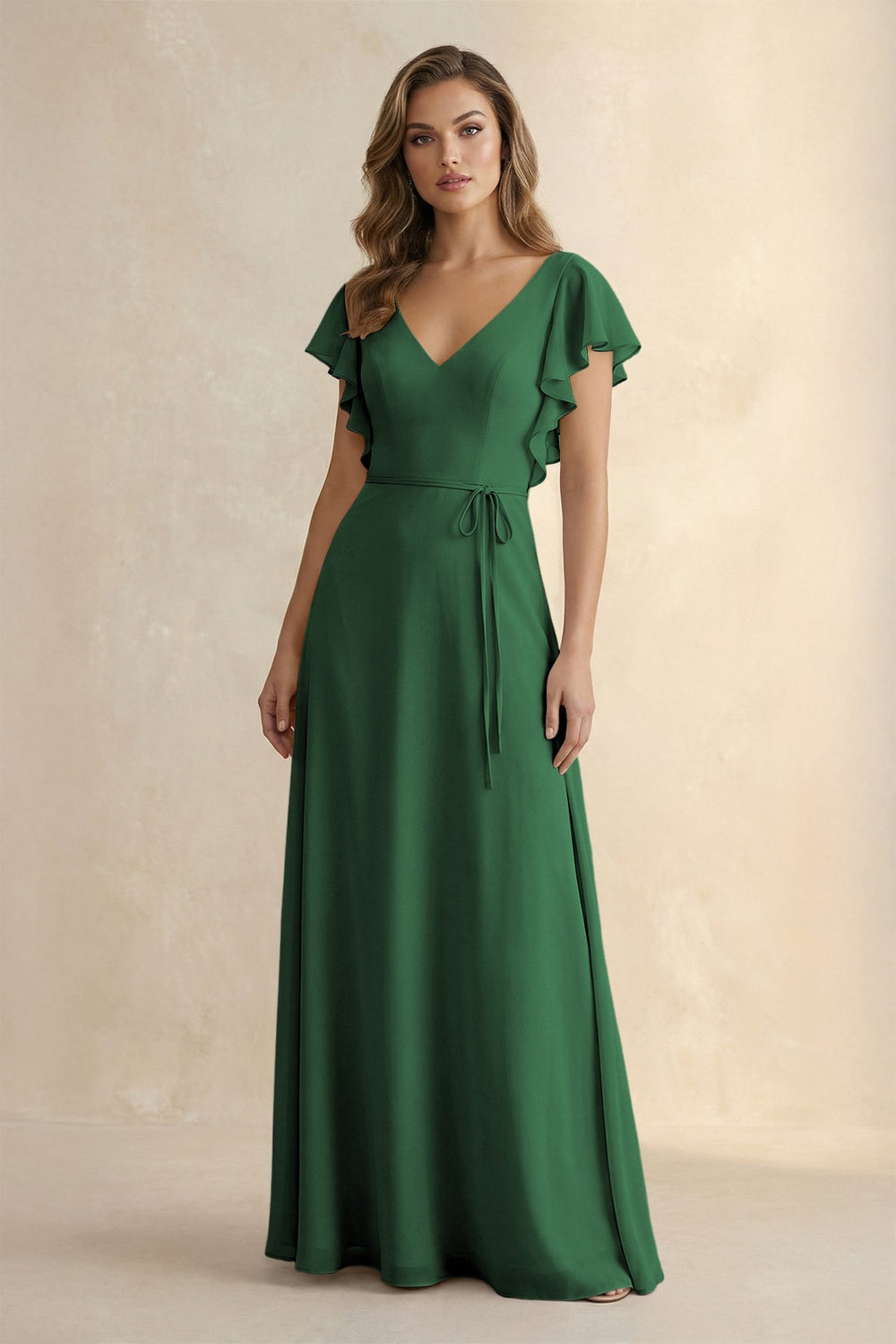 Ruffled V - Neck Chiffon A - Line Bridesmaid Dress in Dark Green - KISS BRIDAL Bridesmaid Dresses