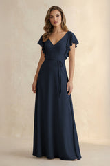Ruffled V - Neck Chiffon A - Line Bridesmaid Dress in Dark Navy - KISS BRIDAL Bridesmaid Dresses