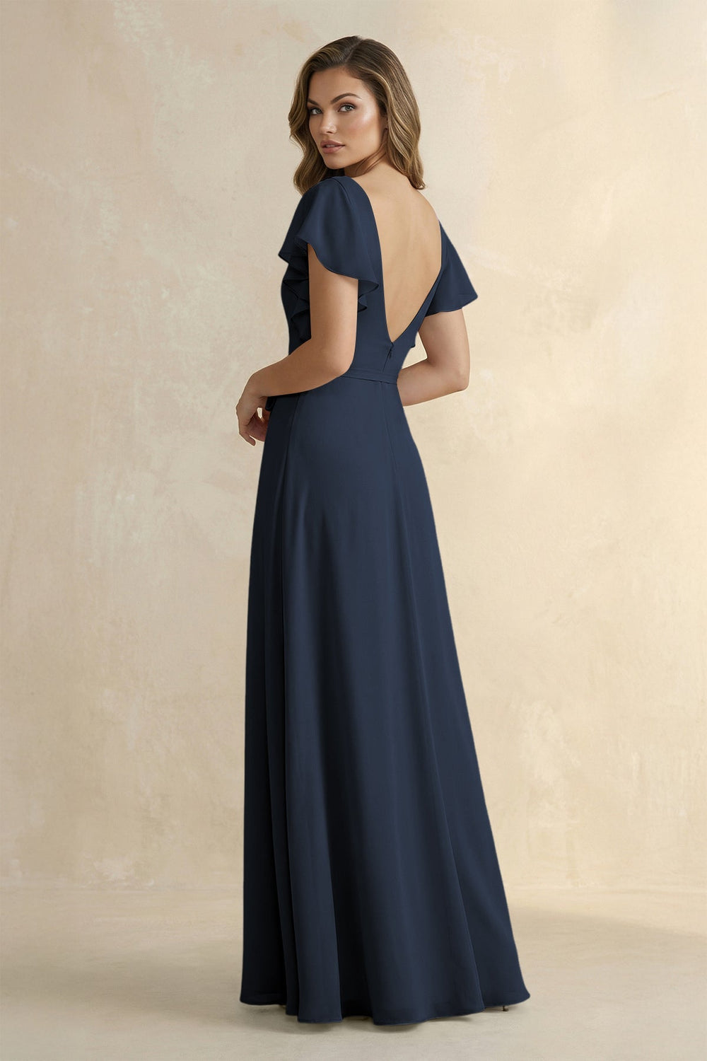 Ruffled V - Neck Chiffon A - Line Bridesmaid Dress in Dark Navy - KISS BRIDAL Bridesmaid Dresses