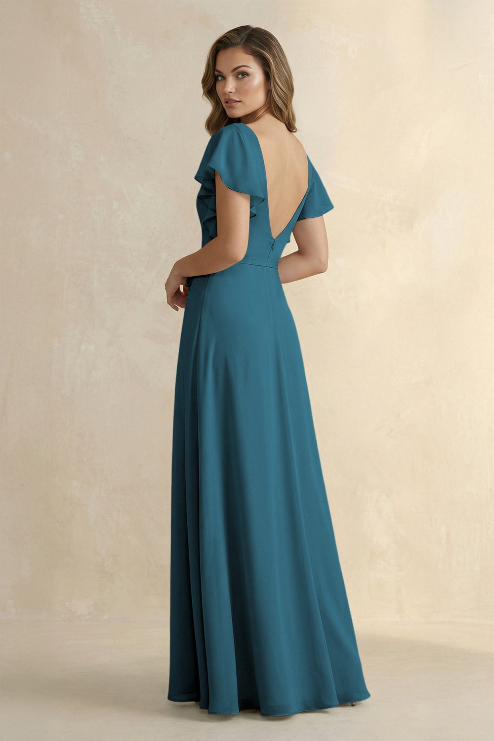 Ruffled V - Neck Chiffon A - Line Bridesmaid Dress in Dark Teal - KISS BRIDAL Bridesmaid Dresses