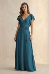 Ruffled V - Neck Chiffon A - Line Bridesmaid Dress in Dark Teal - KISS BRIDAL Bridesmaid Dresses