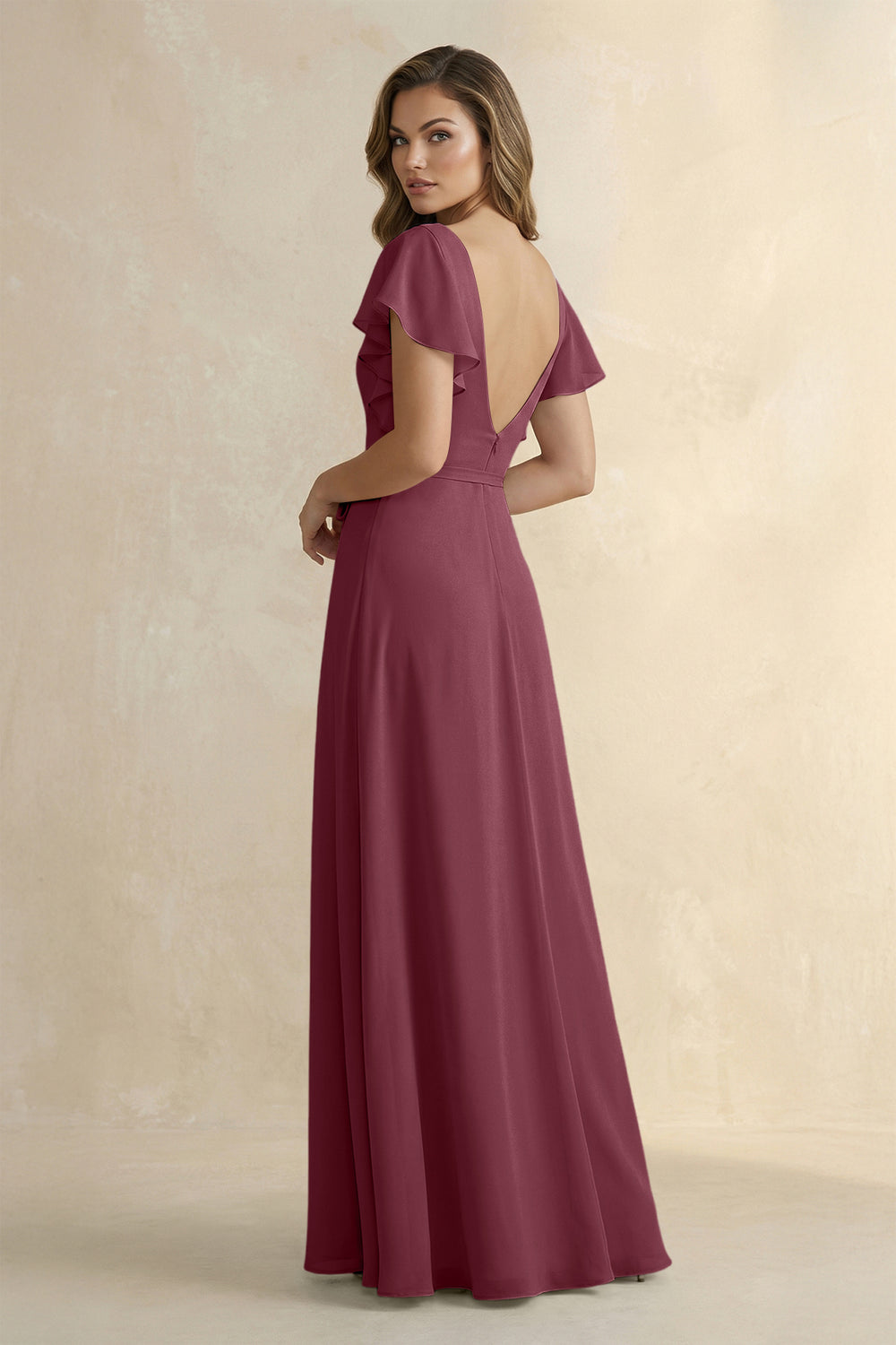 Ruffled V-Neck Chiffon A-Line Bridesmaid Dress in Desert Rose