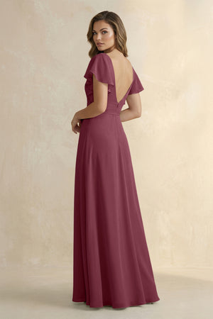 Ruffled V-Neck Chiffon A-Line Bridesmaid Dress in Desert Rose (2) | KISSBRIDAL