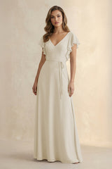Ruffled V - Neck Chiffon A - Line Bridesmaid Dress in Dove Gray - KISS BRIDAL Bridesmaid Dresses