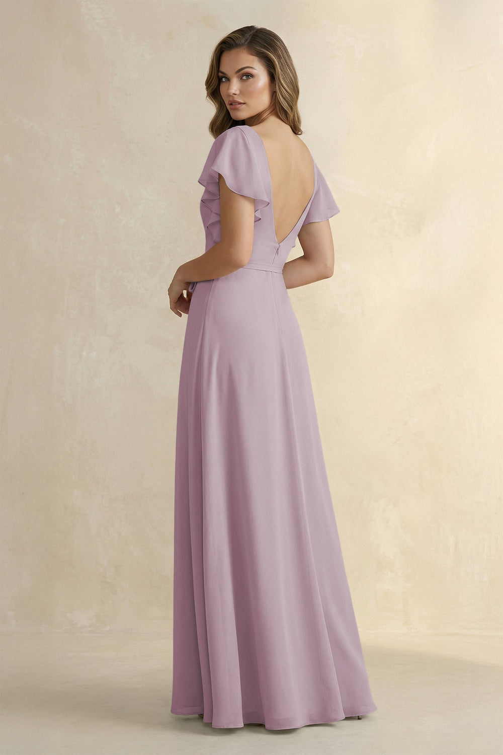 Ruffled V - Neck Chiffon A - Line Bridesmaid Dress in Dusk - KISS BRIDAL Bridesmaid Dresses