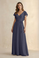 Ruffled V - Neck Chiffon A - Line Bridesmaid Dress in Dusk Blue - SHE IS ME Bridesmaid Dresses