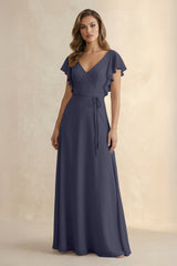 Ruffled V - Neck Chiffon A - Line Bridesmaid Dress in Dusk Blue - KISS BRIDAL Bridesmaid Dresses