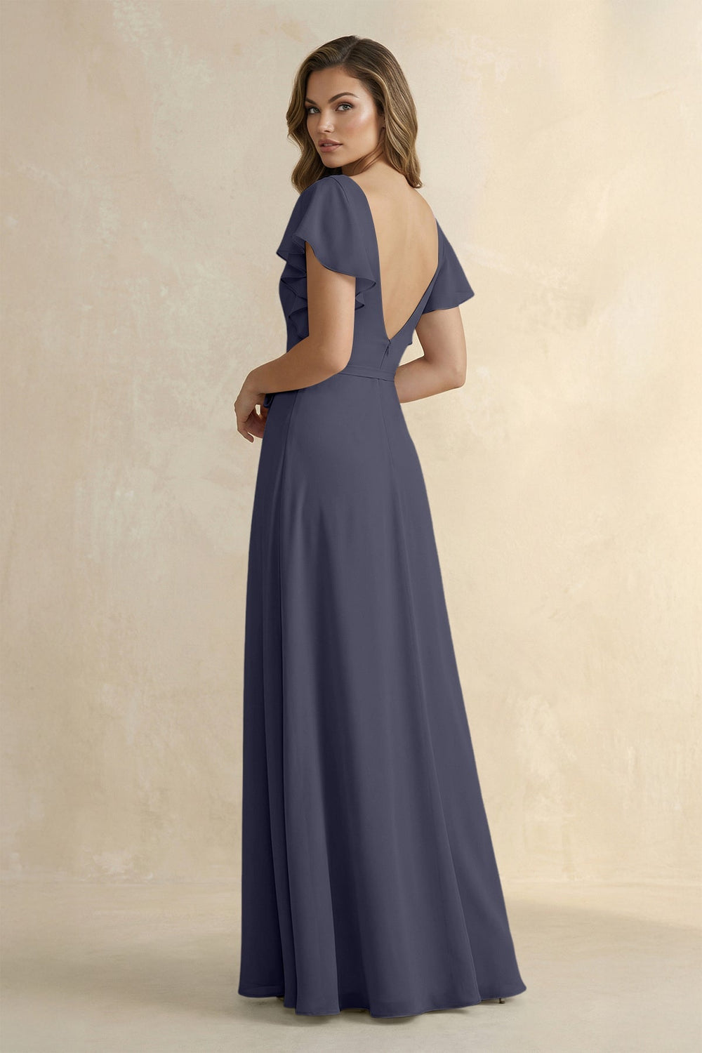 Ruffled V - Neck Chiffon A - Line Bridesmaid Dress in Dusk Blue - KISS BRIDAL Bridesmaid Dresses