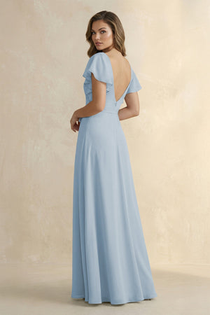 Ruffled V - Neck Chiffon A - Line Bridesmaid Dress in Dusty Blue - SHE IS ME Bridesmaid Dresses