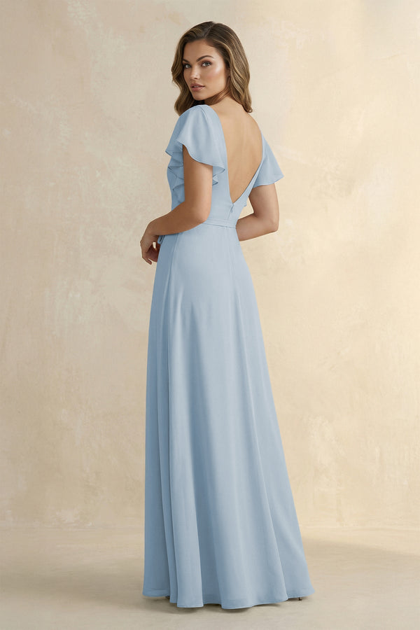 Ruffled V - Neck Chiffon A - Line Bridesmaid Dress in Dusty Blue - SHE IS ME Bridesmaid Dresses