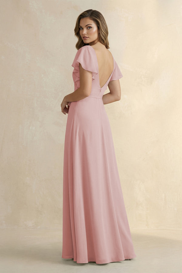 Ruffled V - Neck Chiffon A - Line Bridesmaid Dress in Dusty Rose - SHE IS ME Bridesmaid Dresses