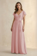Ruffled V - Neck Chiffon A - Line Bridesmaid Dress in Dusty Rose - SHE IS ME Bridesmaid Dresses