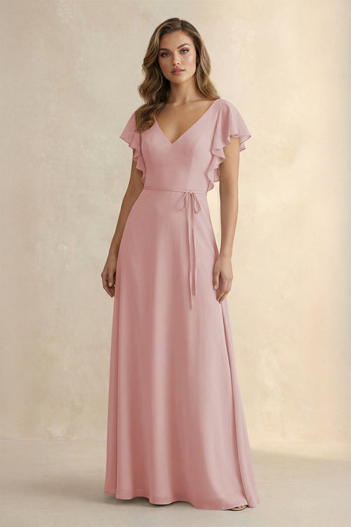 Ruffled V - Neck Chiffon A - Line Bridesmaid Dress in Dusty Rose - SHE IS ME Bridesmaid Dresses