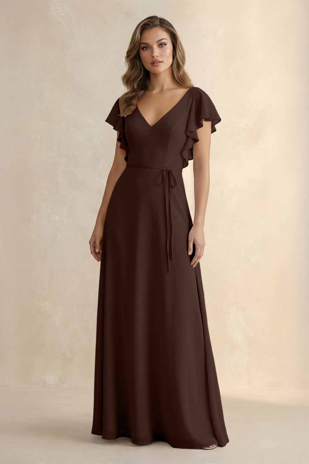 Ruffled V - Neck Chiffon A - Line Bridesmaid Dress in Espresso - KISS BRIDAL Bridesmaid Dresses