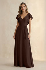 Ruffled V - Neck Chiffon A - Line Bridesmaid Dress in Espresso - KISS BRIDAL Bridesmaid Dresses