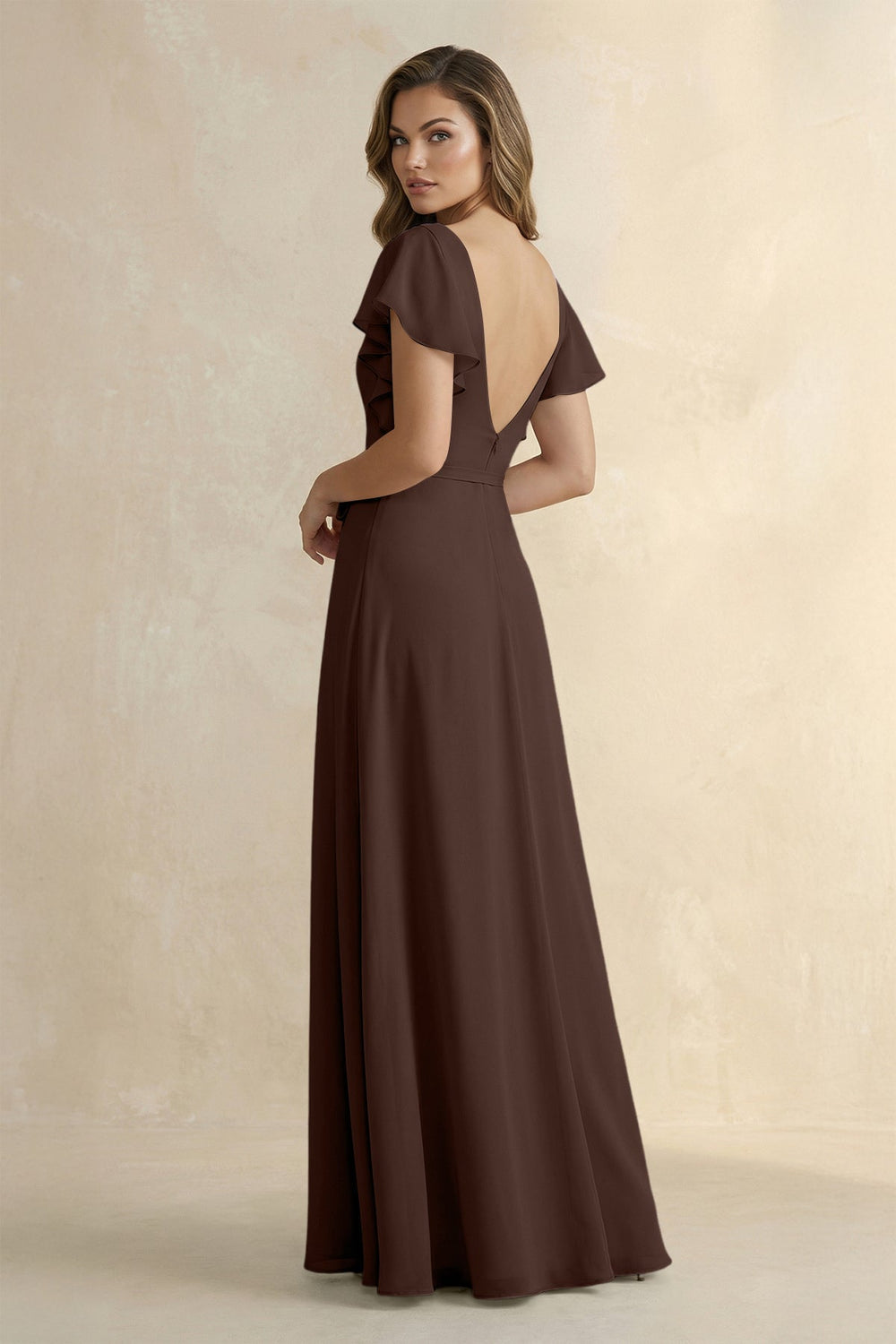 Ruffled V - Neck Chiffon A - Line Bridesmaid Dress in Espresso - KISS BRIDAL Bridesmaid Dresses