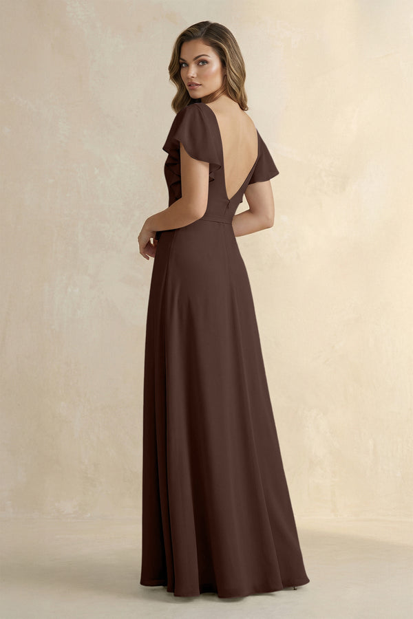 Ruffled V - Neck Chiffon A - Line Bridesmaid Dress in Espresso - SHE IS ME Bridesmaid Dresses