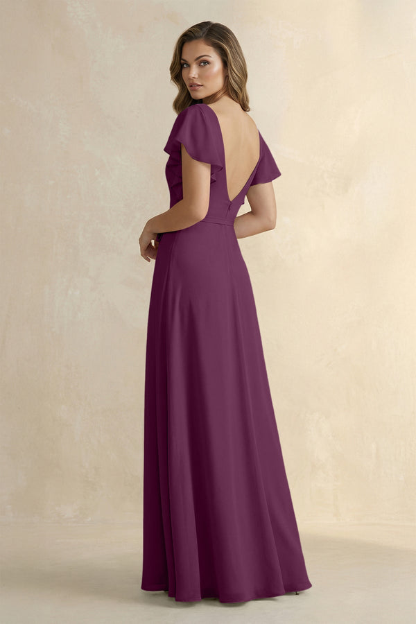 Ruffled V - Neck Chiffon A - Line Bridesmaid Dress in Fig - SHE IS ME Bridesmaid Dresses