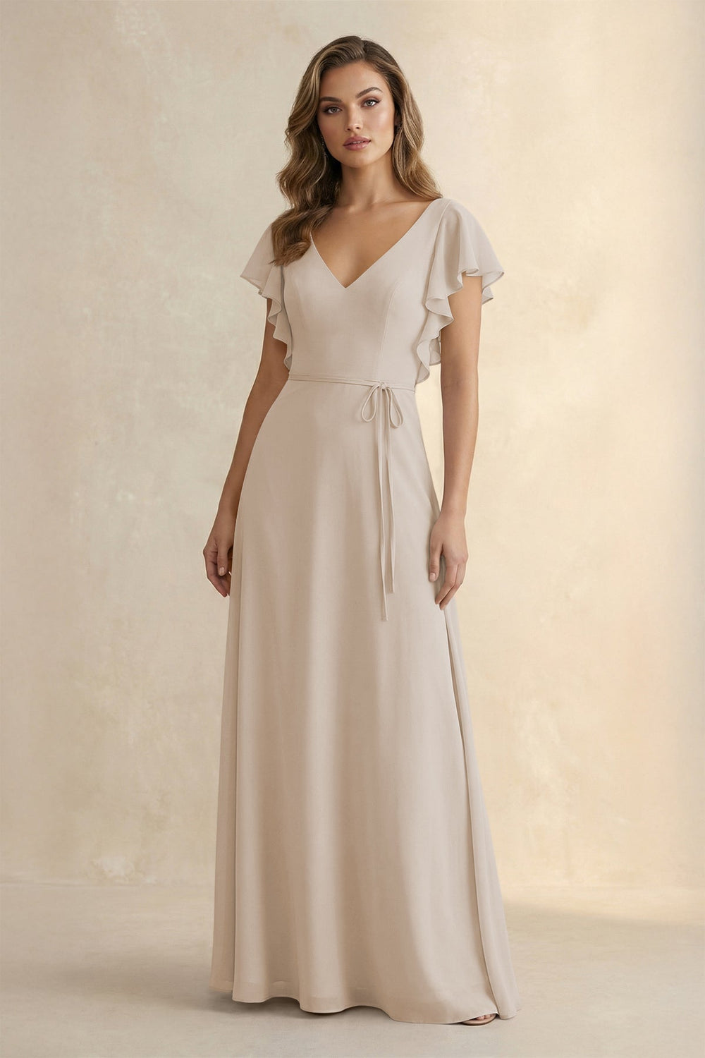 Ruffled V - Neck Chiffon A - Line Bridesmaid Dress in Frost - KISS BRIDAL Bridesmaid Dresses