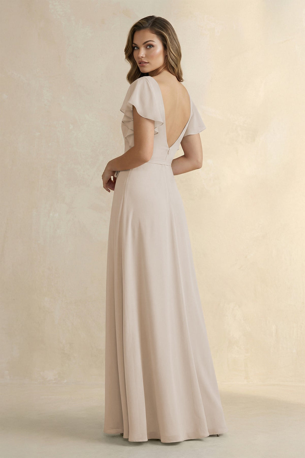 Ruffled V - Neck Chiffon A - Line Bridesmaid Dress in Frost - KISS BRIDAL Bridesmaid Dresses