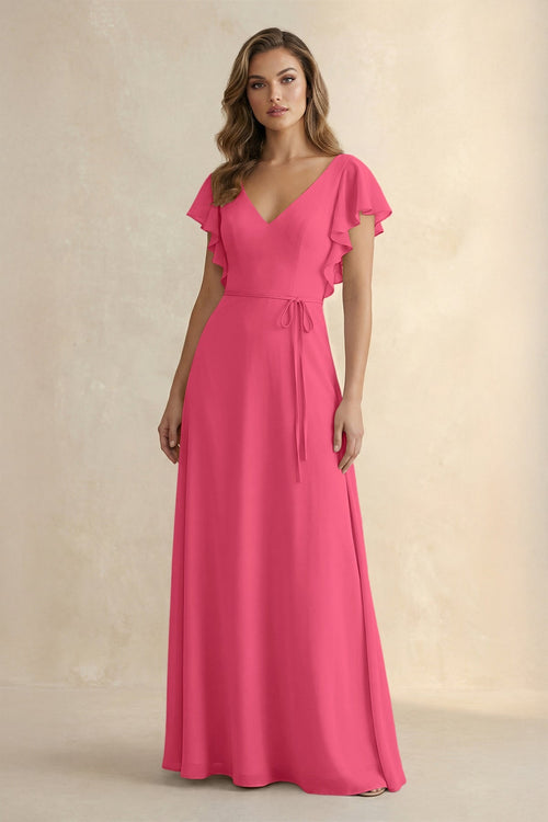 Ruffled V - Neck Chiffon A - Line Bridesmaid Dress in Fuchsia - SHE IS ME Bridesmaid Dresses