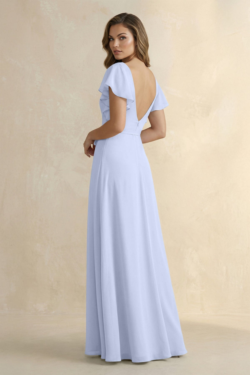 Ruffled V - Neck Chiffon A - Line Bridesmaid Dress in Ice - KISS BRIDAL Bridesmaid Dresses