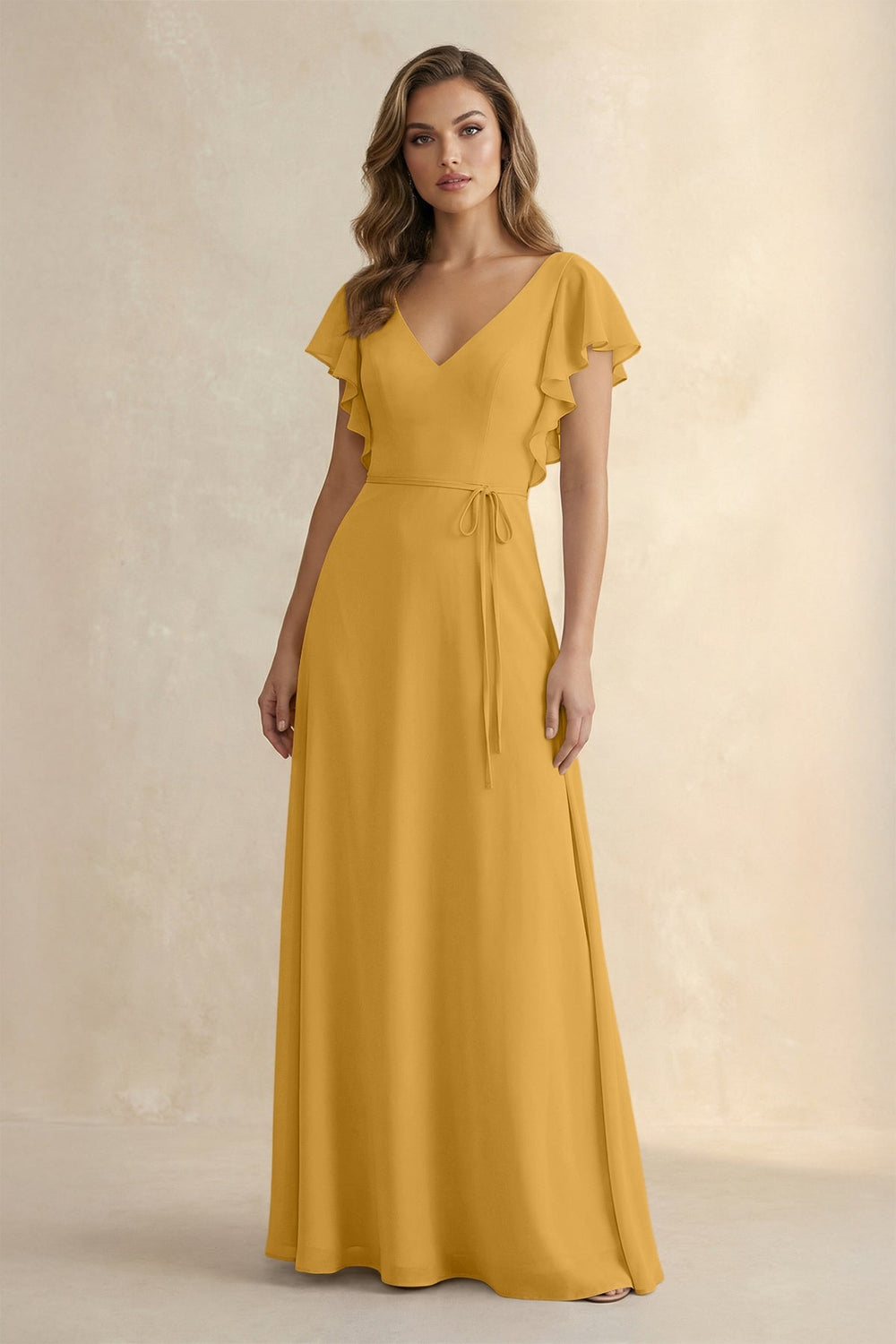 Ruffled V - Neck Chiffon A - Line Bridesmaid Dress in Marigold - KISS BRIDAL Bridesmaid Dresses