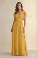 Ruffled V - Neck Chiffon A - Line Bridesmaid Dress in Marigold - SHE IS ME Bridesmaid Dresses