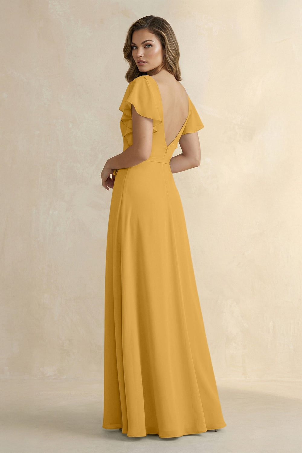 Ruffled V - Neck Chiffon A - Line Bridesmaid Dress in Marigold - KISS BRIDAL Bridesmaid Dresses
