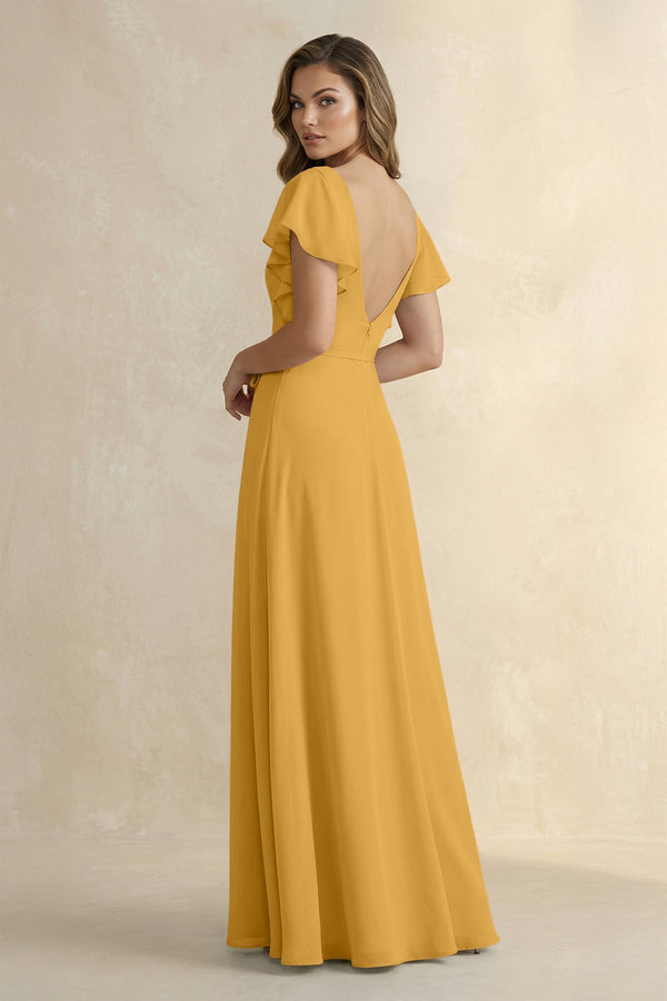 Ruffled V - Neck Chiffon A - Line Bridesmaid Dress in Marigold - SHE IS ME Bridesmaid Dresses