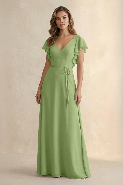Ruffled V - Neck Chiffon A - Line Bridesmaid Dress in Matcha - SHE IS ME Bridesmaid Dresses