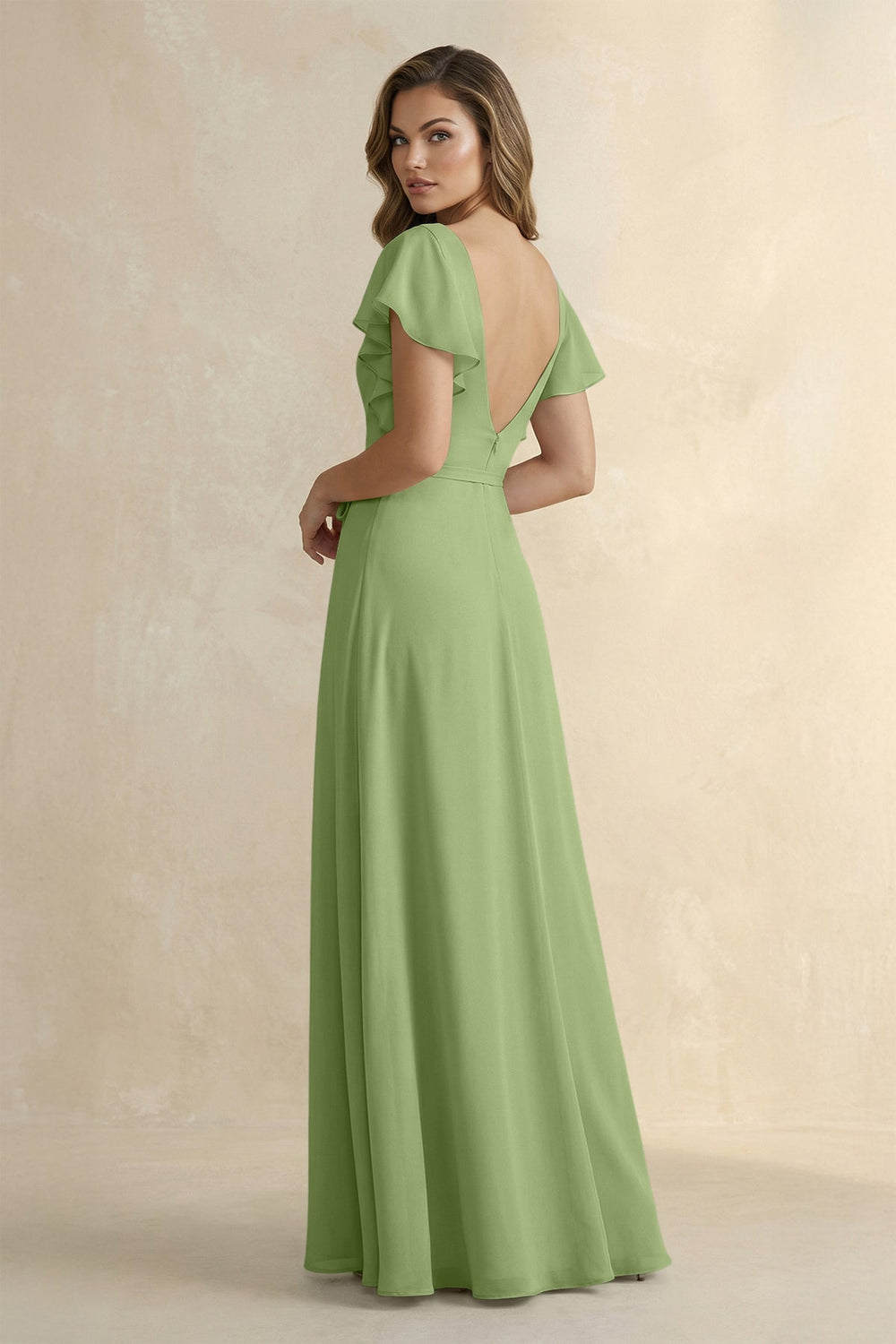 Ruffled V - Neck Chiffon A - Line Bridesmaid Dress in Matcha - KISS BRIDAL Bridesmaid Dresses