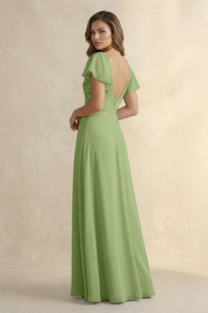 Ruffled V - Neck Chiffon A - Line Bridesmaid Dress in Matcha - SHE IS ME Bridesmaid Dresses