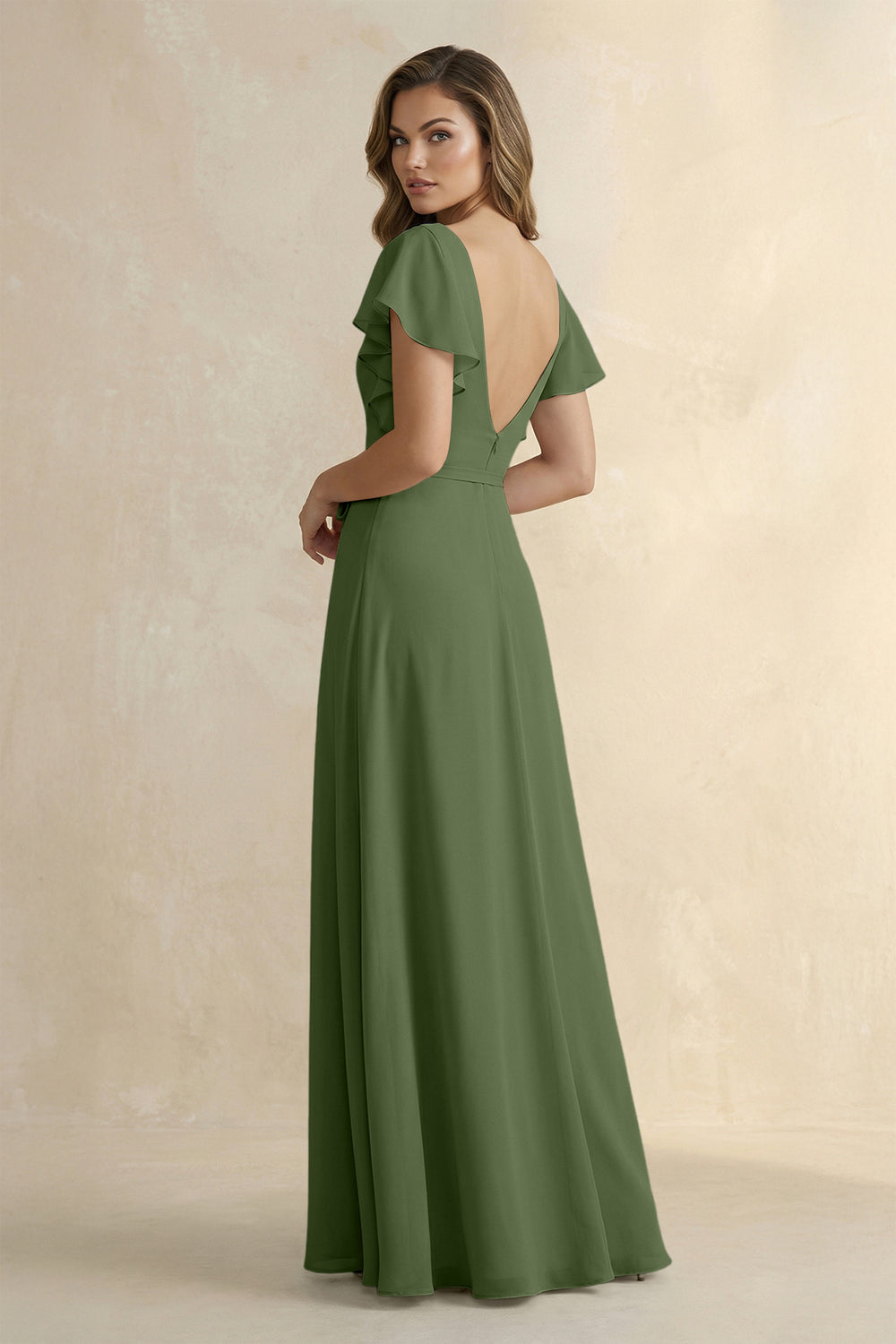 Ruffled V-Neck Chiffon A-Line Bridesmaid Dress in Moss