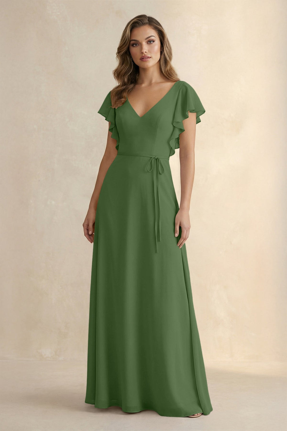Ruffled V - Neck Chiffon A - Line Bridesmaid Dress in Moss - KISS BRIDAL Bridesmaid Dresses
