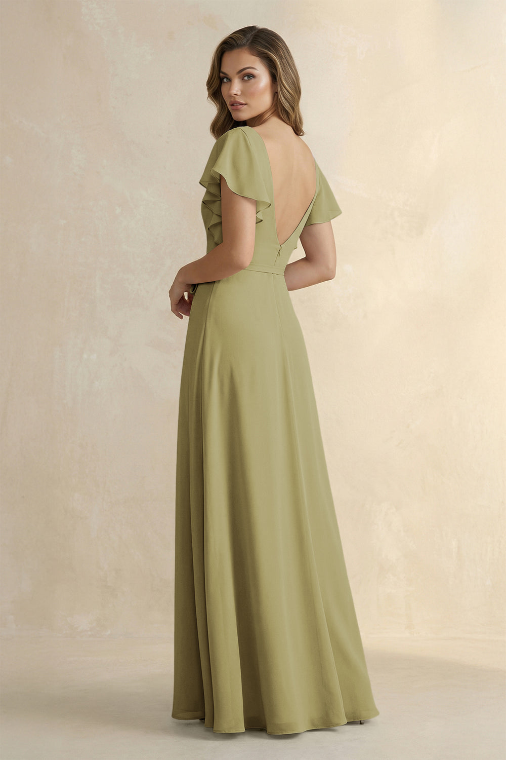 Ruffled V-Neck Chiffon A-Line Bridesmaid Dress in Moss Green