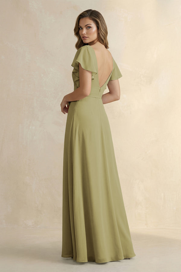 Ruffled V-Neck Chiffon A-Line Bridesmaid Dress in Moss Green (2) | KISSBRIDAL