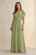 Ruffled V - Neck Chiffon A - Line Bridesmaid Dress in Moss Green - SHE IS ME Bridesmaid Dresses