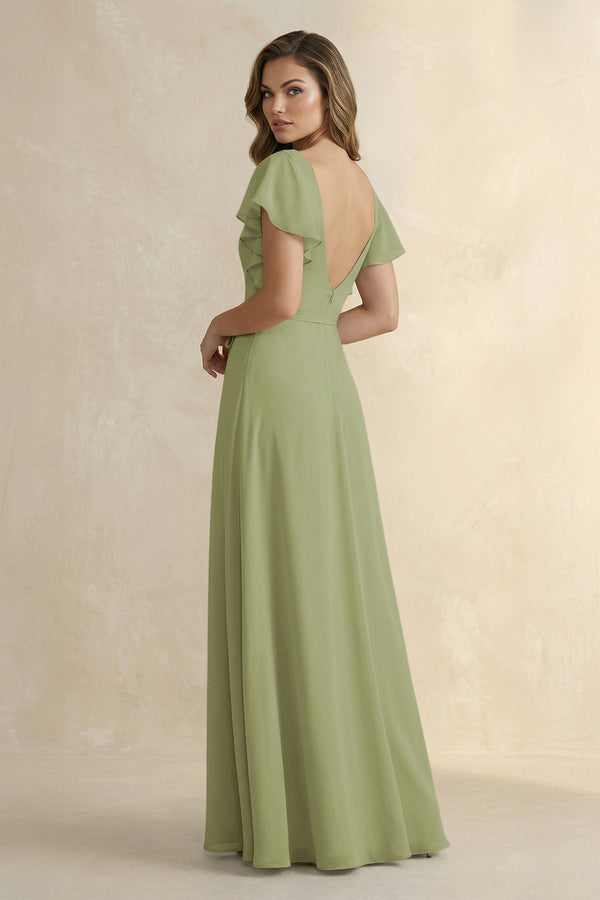 Ruffled V - Neck Chiffon A - Line Bridesmaid Dress in Moss Green - SHE IS ME Bridesmaid Dresses